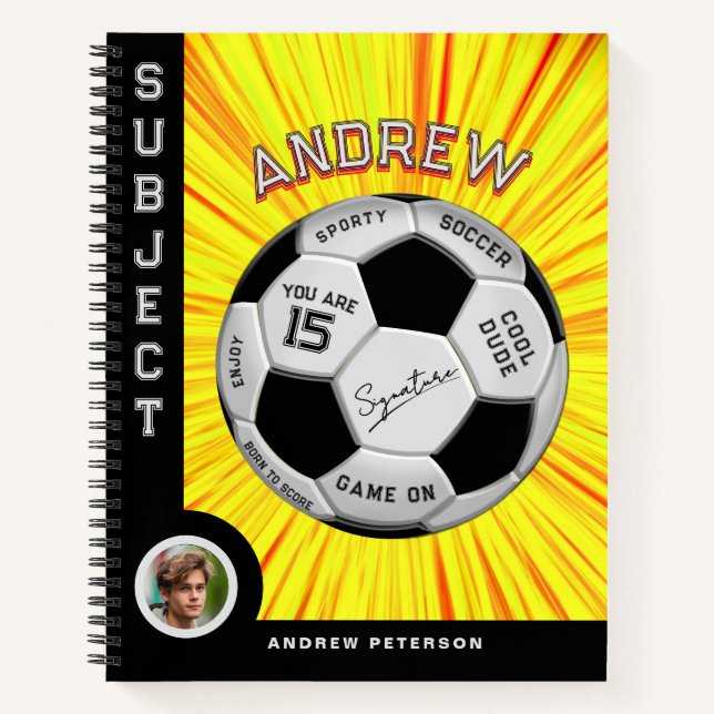 Editable Soccer Ball Modern Yellow Milestone  Notebook (Front)
