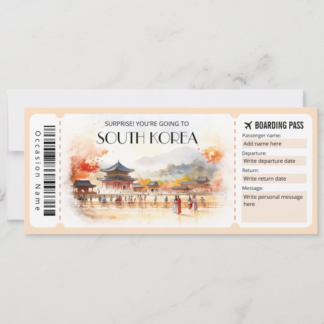 Editable South Korea Plane Boarding Pass Ticket Invitation (Front)