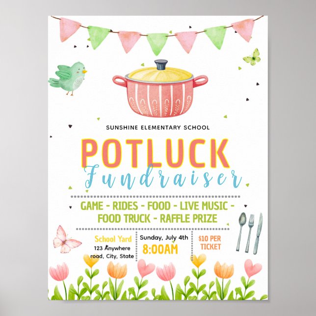 Editable spring potluck fundraiser flyer poster (Front)