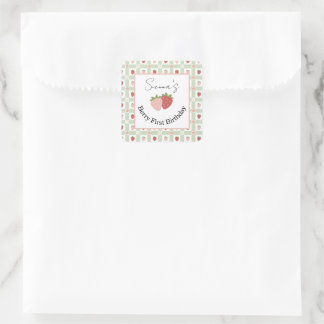 Editable Square Strawberry Gingham 1st Birthday  Square Sticker