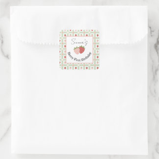 Editable Square Strawberry Gingham 1st Birthday  Sticker