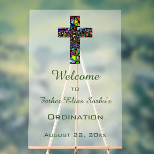 Editable Stained Glass Cross Religious Event Acrylic Sign