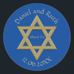 Editable Star of David Mazel Tov Wedding Favour Classic Round Sticker<br><div class="desc">This editable favour label classic round sticker features a gold Star of David against a deep blue background. In the star, it says, "Mazel Tov", above it it has the names of the bride and groom and below is the wedding date. All text is editable so go ahead to change...</div>