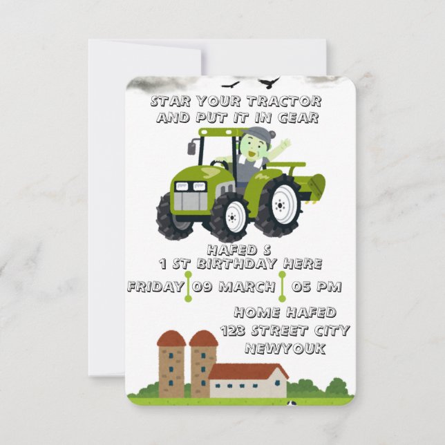 Editable Start Your Tractor 1st Birthday Animated  (Front)