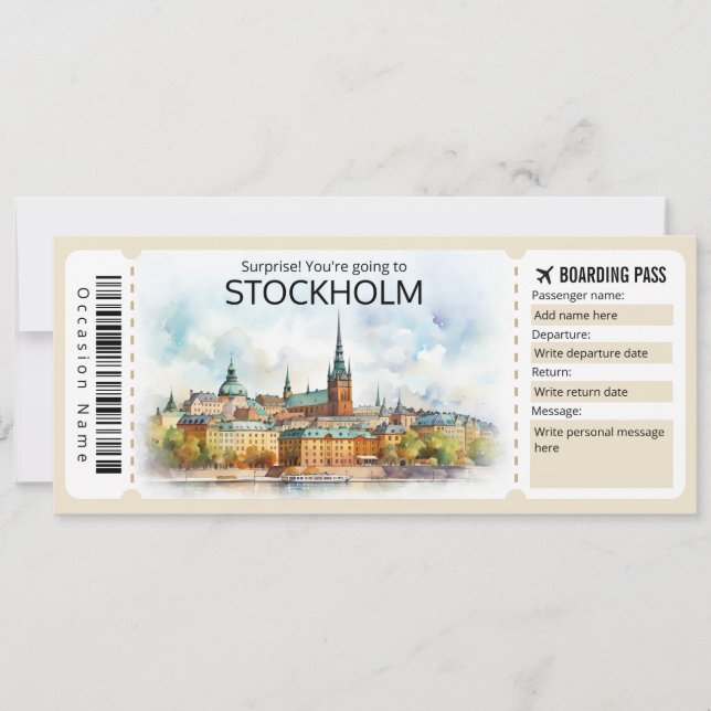 Editable Stockholm Plane ticket, Sweden Trip Invitation (Front)