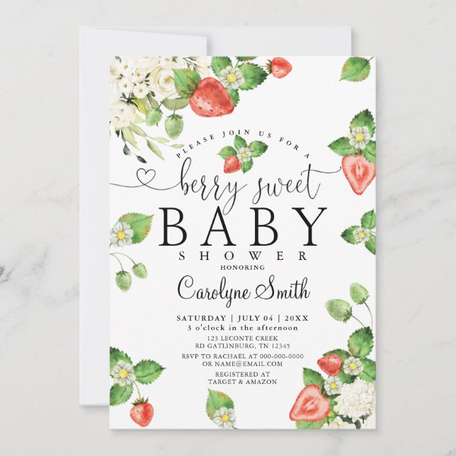 Editable Strawberry Berry Sweet Baby Shower Invitation (Front)