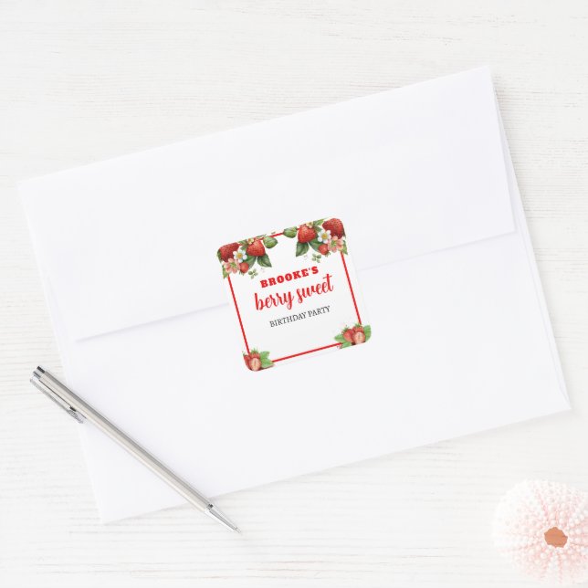 Editable Strawberry Theme Birthday Square Sticker (Envelope)