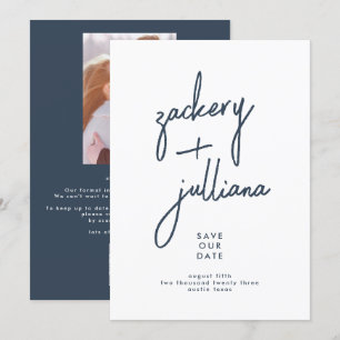Editable Stylish Photo Custom Navy Blue White Save The Date