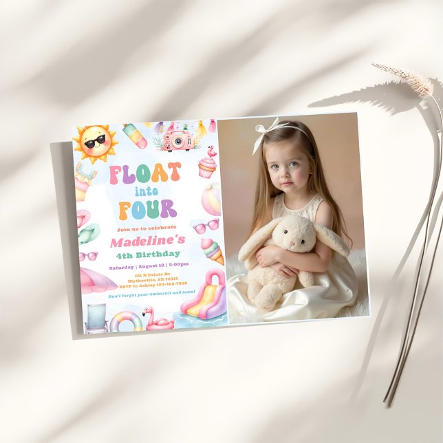 Editable Summer Float Into Four Birthday Photo Invitation (Creator Uploaded)