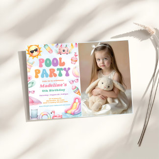 Editable Summer Pool Party Birthday Party Photo Invitation