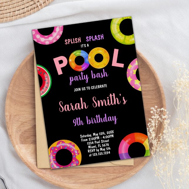 Editable Summer Swim Party Invite with Floaties (Girls Pool Birthday Invitations)