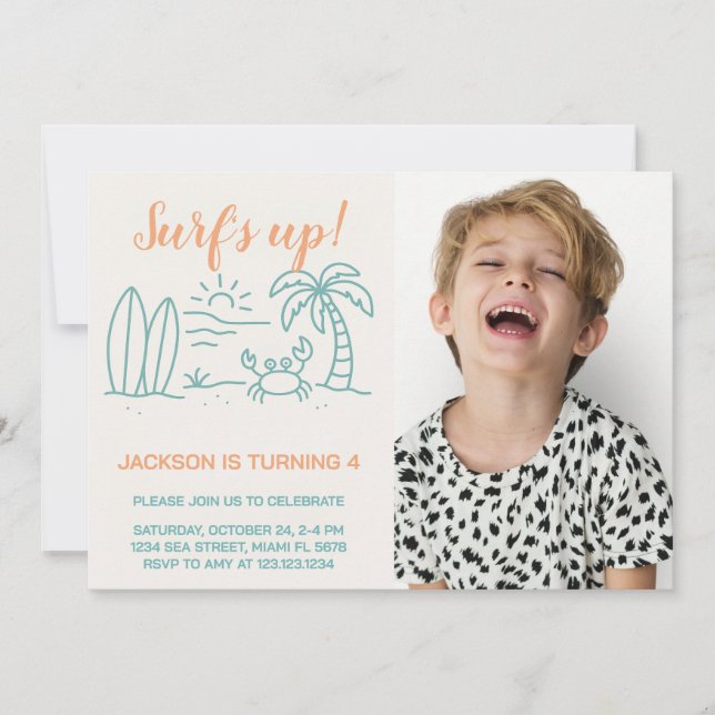 Editable Surf’s Up Birthday Invite with photo (Front)