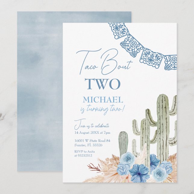 Editable Taco Bout Two Birthday Invitation (Front/Back)