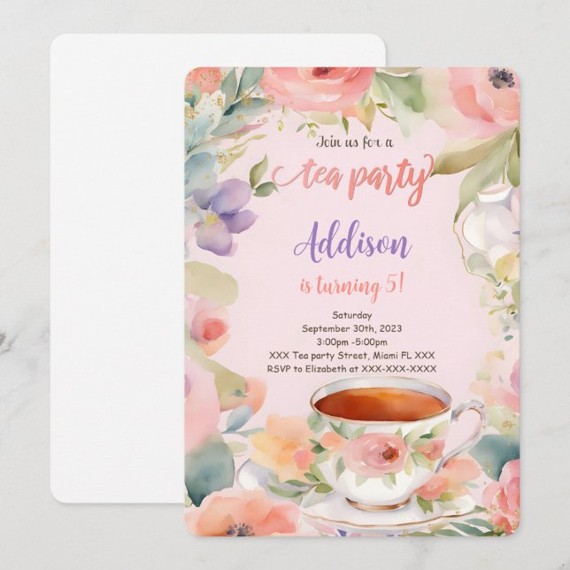 Editable Tea Party Birthday Party Invitation (Front/Back)