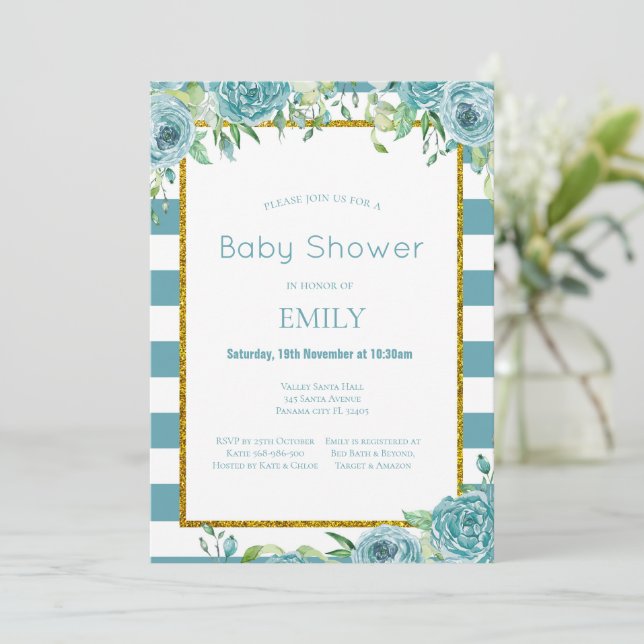 Editable Teal Floral Invitation, Bridal, Baby  Invitation (Standing Front)