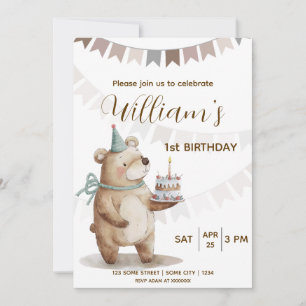 Editable Teddy Bear First Birthday Invitation