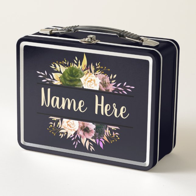 Editable Text Floral Metal Lunch Box (Front)