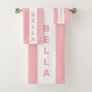 Editable Text on Light Pink and White Striped Bath Towel Set