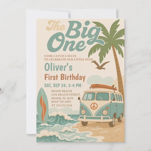 Editable The Big One Surfing 1st Birthday Invitation (Front)