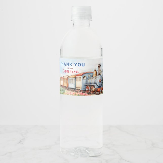 Editable Train Water Bottle Sign Birthday Label (Front)