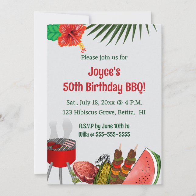Editable Tropical Birthday BBQ Party Invitation (Front)