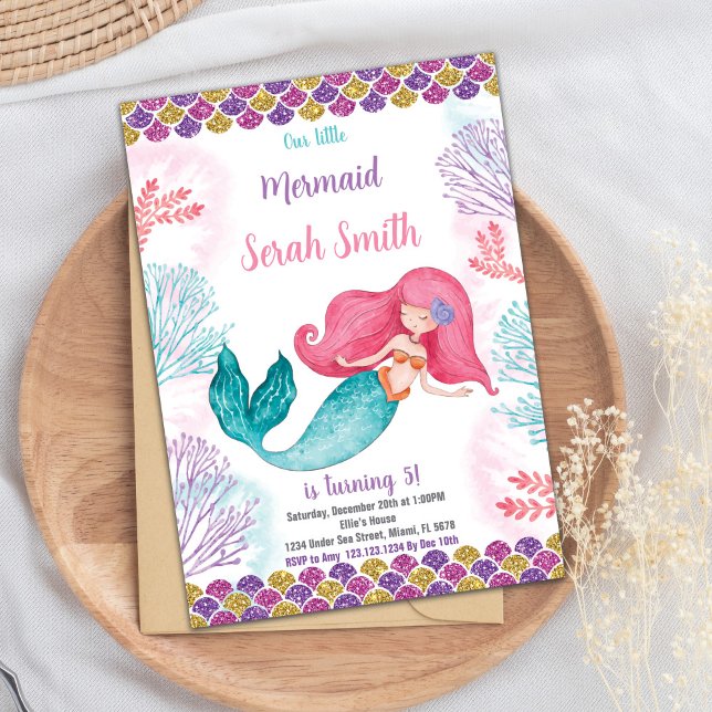 Editable Under the Sea Party Card with Ocean Theme (Green Mermaid Birthday Invitation)