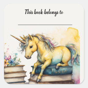 Editable Unicorn and Books Bookplate Sticker