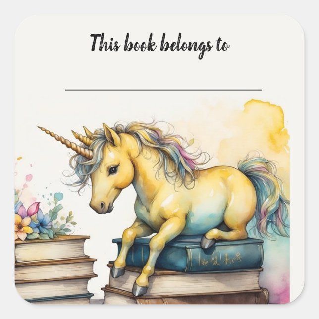 Editable Unicorn and Books Bookplate Sticker (Front)