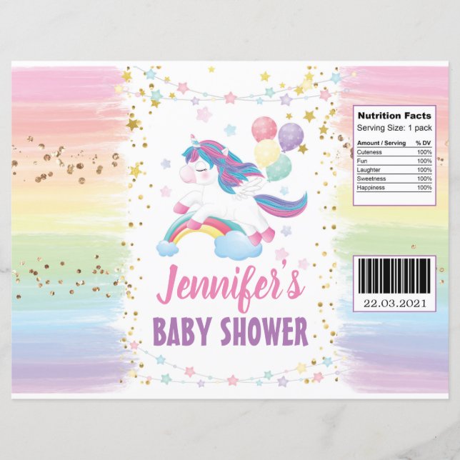 Editable Unicorn Baby Shower Chip Bag Wrapper (Front)