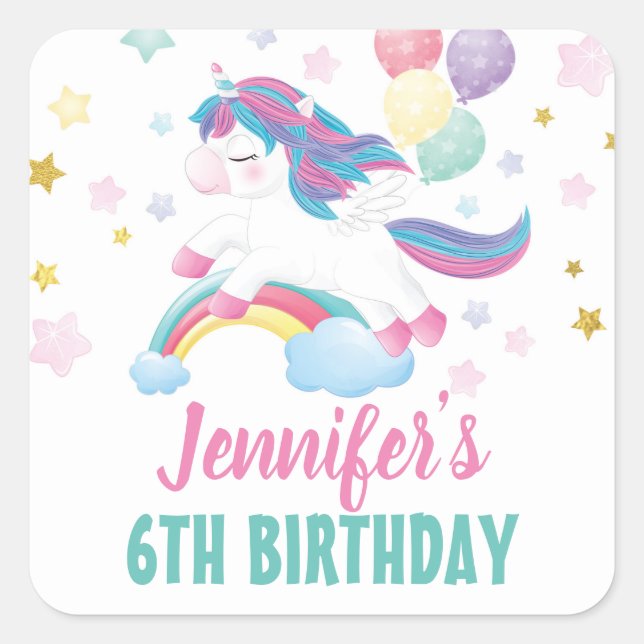 Editable Unicorn Birthday Party Favour Square Sticker (Front)