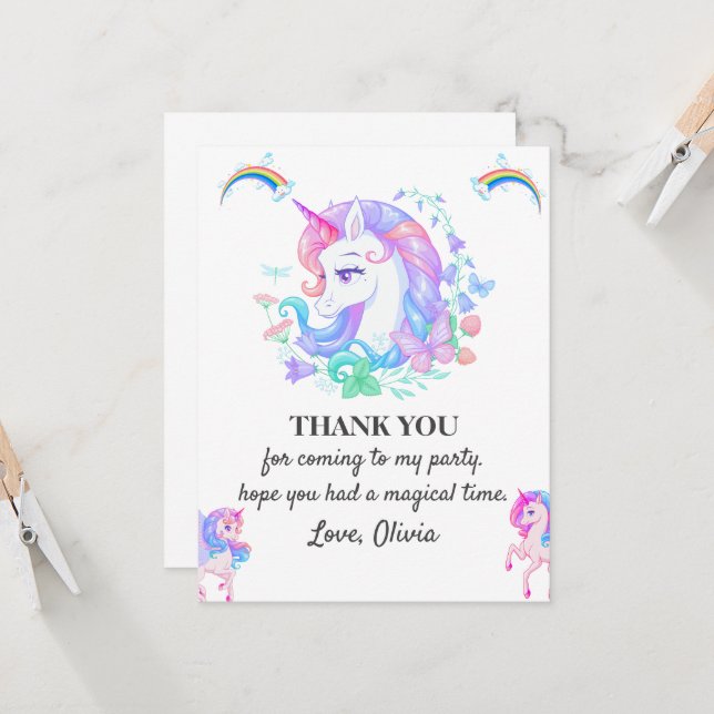 Editable Unicorn Birthday Party Thank You Card (Front/Back In Situ)