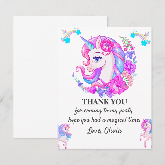 Editable Unicorn Birthday Party Thank You Card (Front/Back)