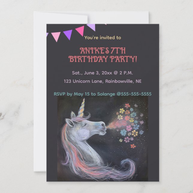 Editable Unicorn on Chalkboard Background  Invitation (Front)