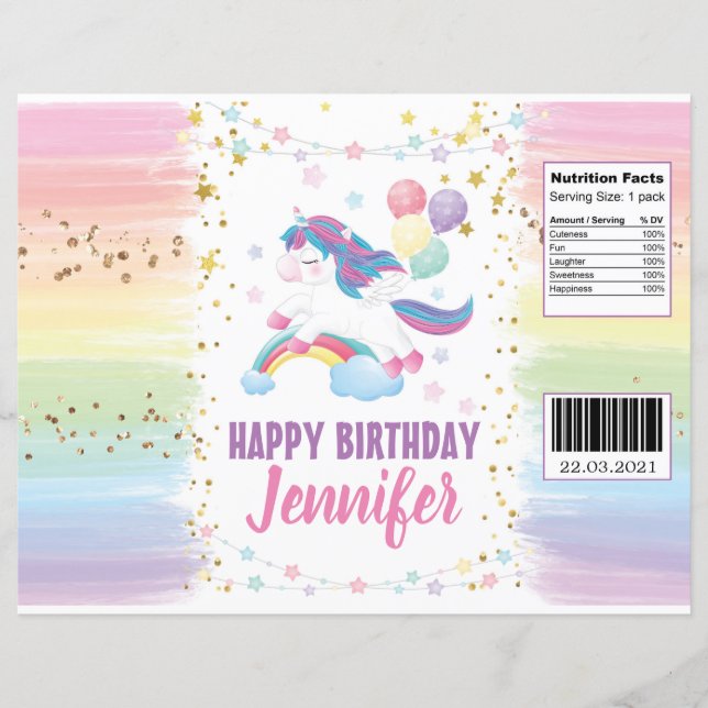 Editable Unicorn Pastel Rainbow Chip Bag Wrapper (Front)