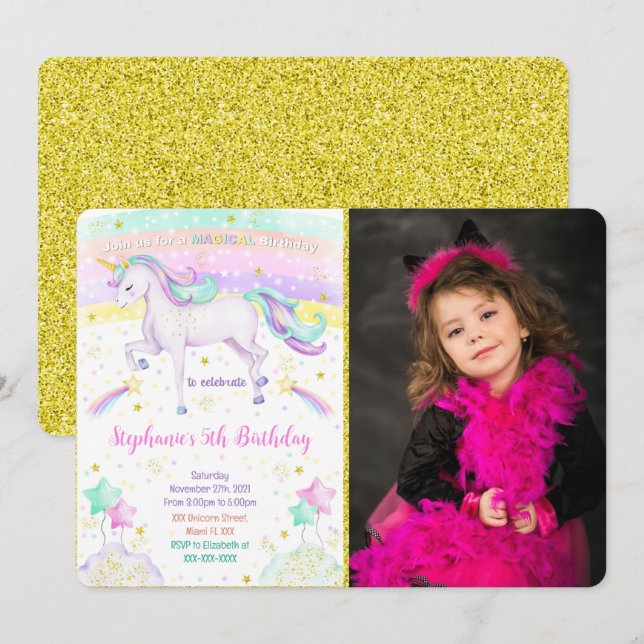 Editable Unicorn Photo Invitation  (Front/Back)