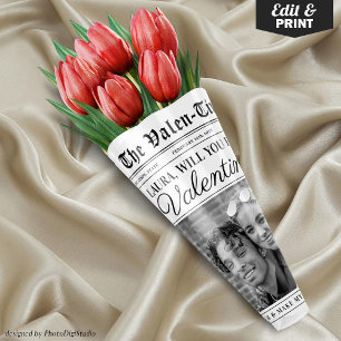 Editable Valentines Day Newspaper Flower Bouquet Wrapping Paper Sheet