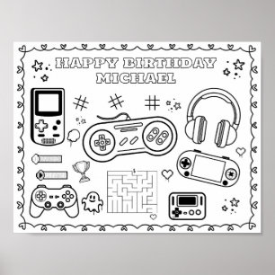 Editable video game Birthday colouring mat Poster