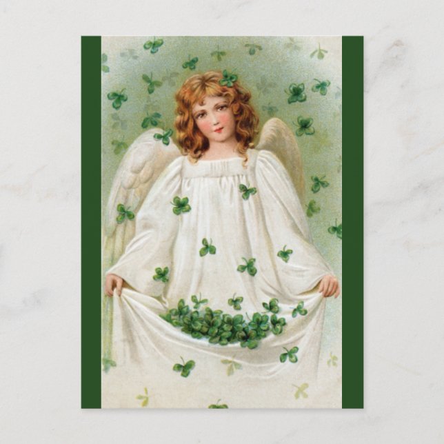Editable Vintage Angel With Shamrocks Postcard (Front)