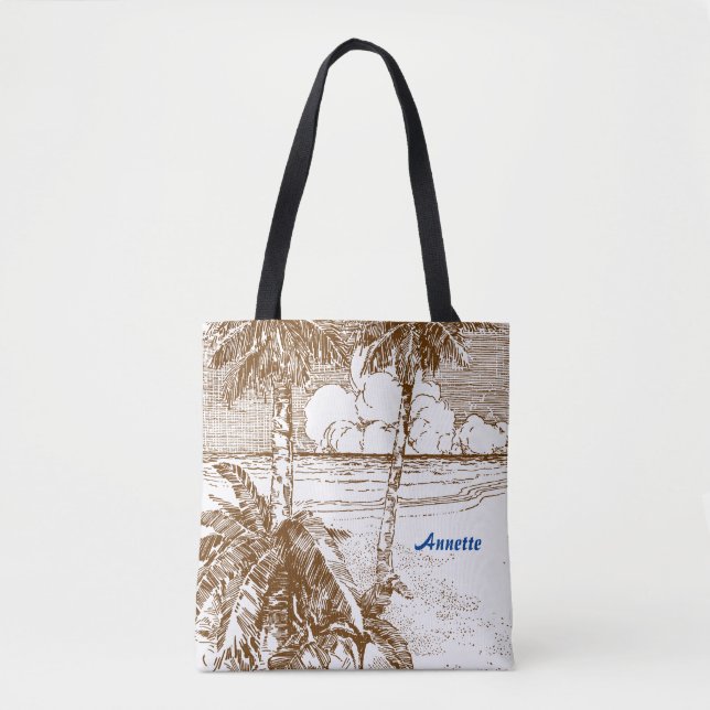 Editable Vintage Beach Etching in Brown Tote Bag (Front)