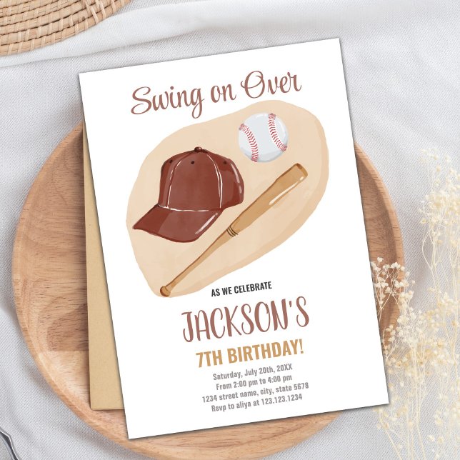 Editable Vintage Boys Sports Party Card with Glove (Brown Baseball Birthday Invitations)