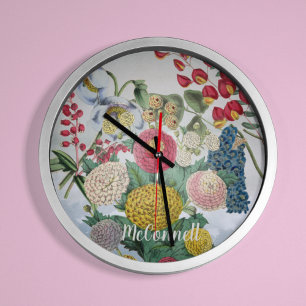 Editable Vintage Chrysanthemum Poppy Lilac Round Clock