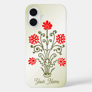 Editable Vintage Gold and Red Floral Etching iPhone 16 Case