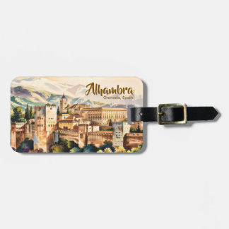 Editable Vintage Granada Spain Alhambra Watercolor Luggage Tag