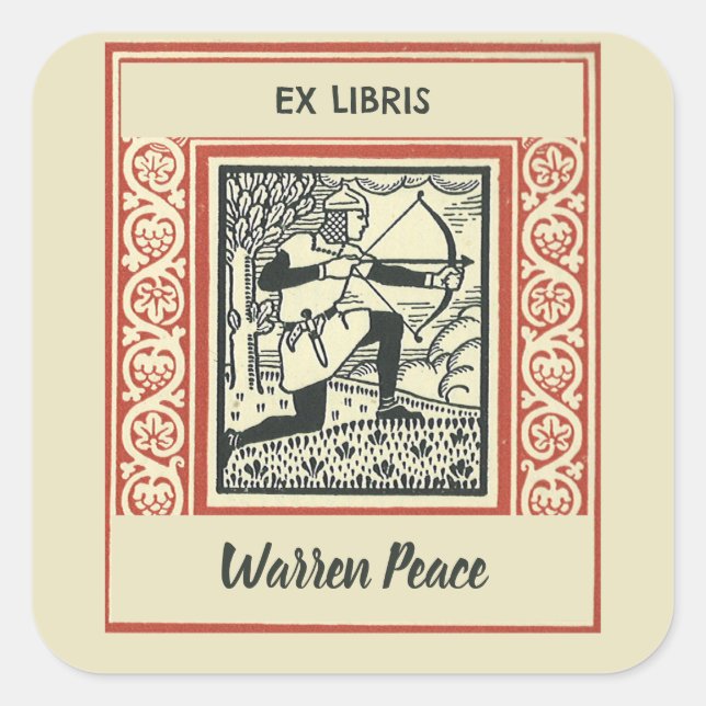 Editable Vintage Kneeling Archer Bookplate Square Sticker (Front)
