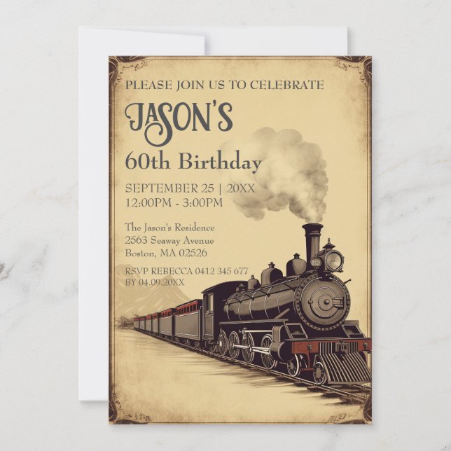 Editable Vintage Locomotive Birthday Invitation (Front)