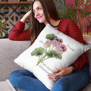Editable Vintage Pink White Geranium Flower Throw Pillow
