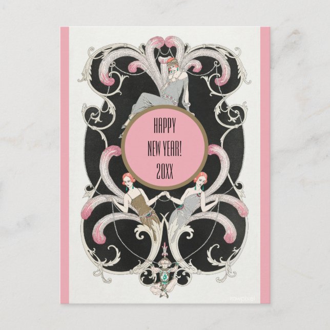 Editable Vintage Roaring Twenties Happy New Year Postcard (Front)