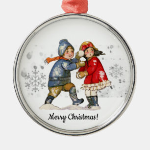 Editable Vintage Snowball Boy Girl Snow Christmas Metal Ornament