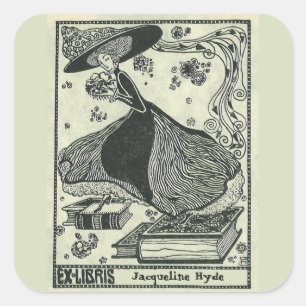 Editable Vintage Woman Stepping on Books Bookplate Square Sticker