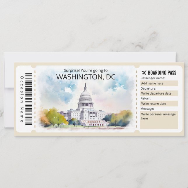Editable  Washington DC Plane ticket,  Washington  Invitation (Front)